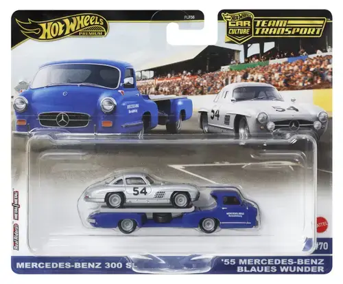 Masinute HOT WHEELS TRANSPORTATOR  MERCEDES-BENZ 55 BLAUES WUNDER si MERCEDES-BENZ 300 SL, scara 1:64