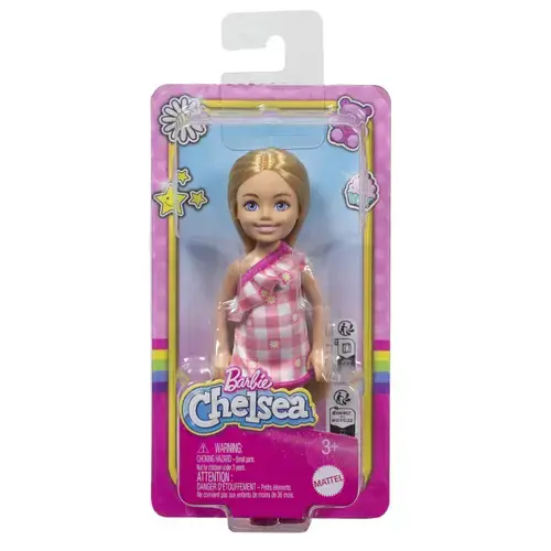 Papusa - Barbie Chelsea - Blonda cu rochita roz in carouri - Barbie - Mattel
