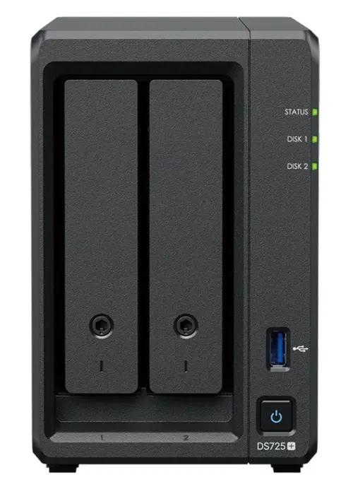 Network Attached Storage Synology DS725+, 2 Bay, AMD Ryzen Dual-Core R1600, 4GB DDR4, M.2 NVMe, 1x 1GbE, 1x 2.5GbE, 1x USB 3.2 Gen 1, 1x USB-C