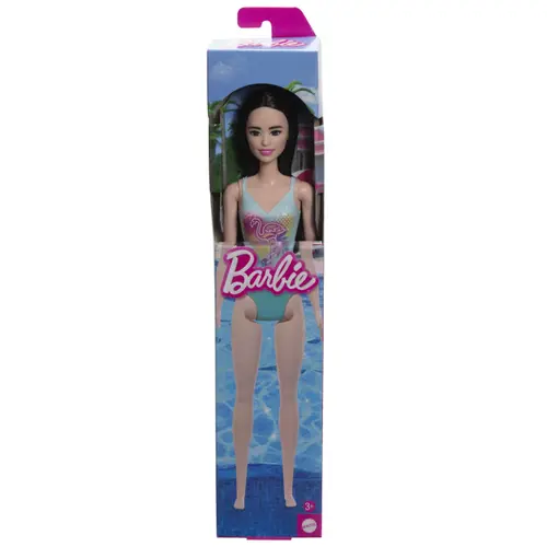 Papusa Barbie bruneta cu costum de baie albastru