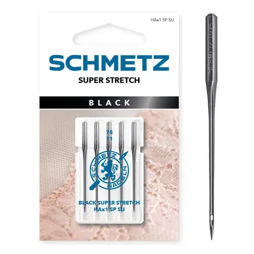 Set  5 ace de cusut Black, materiale delicate elastice, finete 75, Schmetz HAX1 SP SU VMS