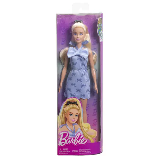 Papusa Barbie Fashionistas, rochie albastra cu fundite, 30cm