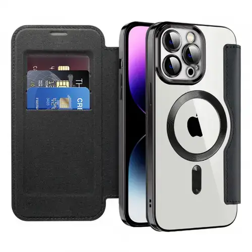 Husa MagSafe pentru Apple iPhone 14 Pro Max, Techsuit, SmartMag Book, Neagra