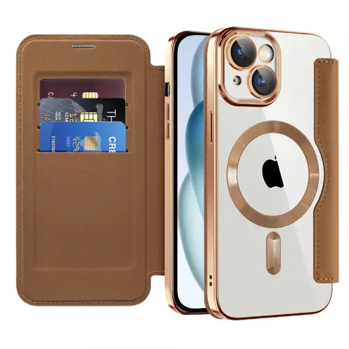 Husa MagSafe pentru Apple iPhone 15, Techsuit, SmartMag Book, Maro
