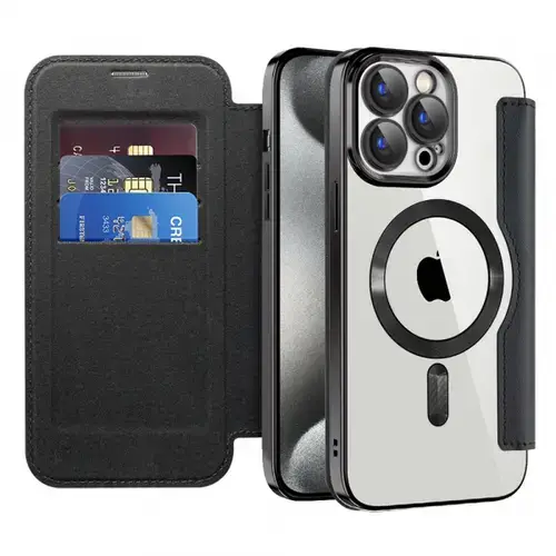 Husa MagSafe pentru Apple iPhone 15 Pro, Techsuit, SmartMag Book, Neagra