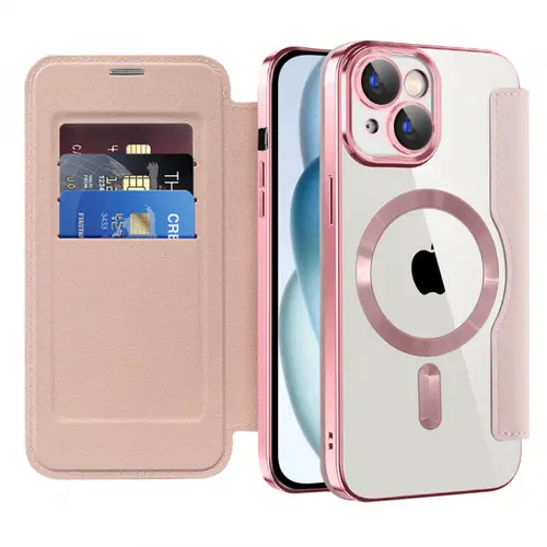 Husa MagSafe pentru Apple iPhone 15 Plus, Techsuit, SmartMag Book, Roz