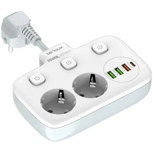 Priza multipla Serioux PS24W, 2 prize, 6xUSB, PD Type-C , QC3.0, intrerupator, protectie supratensiune