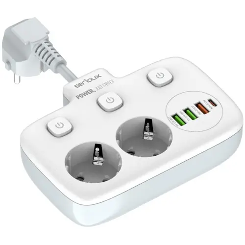 Priza multipla Serioux PS24W, 2 prize, 6xUSB, PD Type-C , QC3.0, intrerupator, protectie supratensiune