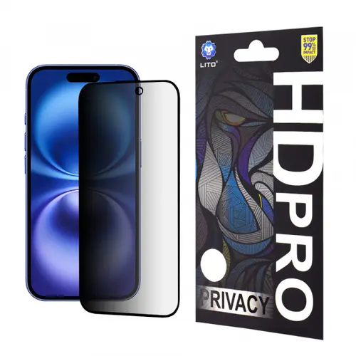 Folie de protectie Ecran Privacy Lito HD Pro pentru Apple iPhone 16, Sticla Securizata, Full Glue