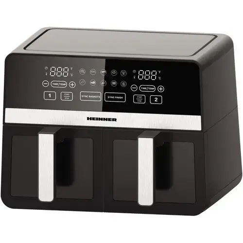 Friteuza dubla cu aer cald Heinner SimCook HAF-K10DB24BK, 2400W, capacitate 9.5L, termostat reglabil cu afisaj LED, control digital individual, 10 programe prestabilite, temporizator 60 min. cu avertizare sonora, Negru
