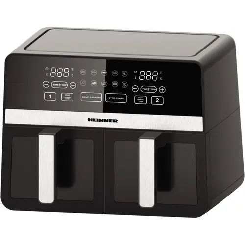 Friteuza dubla cu aer cald Heinner SimCook HAF-K10DB24BK, 2400W, capacitate 9.5L, termostat reglabil cu afisaj LED, control digital individual, 10 programe prestabilite, temporizator 60 min. cu avertizare sonora, Negru