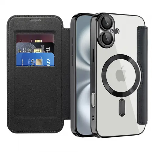 Husa MagSafe pentru Apple iPhone 16 Plus, Techsuit, SmartMag Book, Neagra