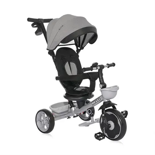 Tricicleta pentru copii Lorelli Revel, sezut rotativ, maner control parental, centura siguranta, roti spuma EVA, copertina pliabila si detasabila, 1-5 Ani, Gri