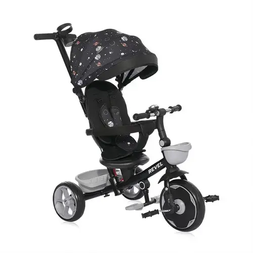 Tricicleta pentru copii Lorelli Revel, sezut rotativ, maner control parental, centura siguranta, roti spuma EVA, copertina pliabila si detasabila, 1-5 Ani, Metal, Negru