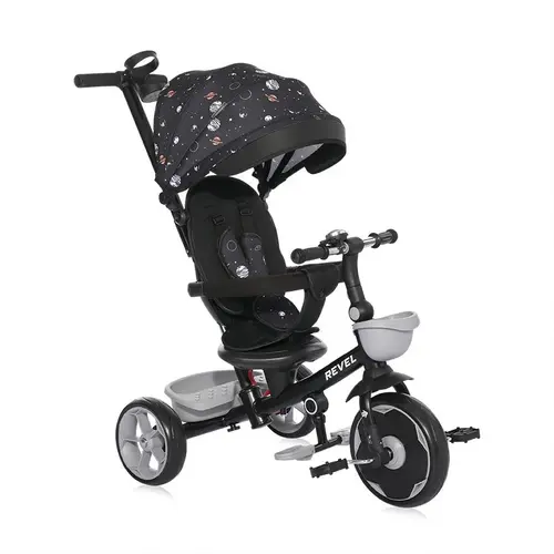 Tricicleta pentru copii Lorelli Revel, sezut rotativ, maner control parental, centura siguranta, roti spuma EVA, copertina pliabila si detasabila, 1-5 Ani, Metal, Negru