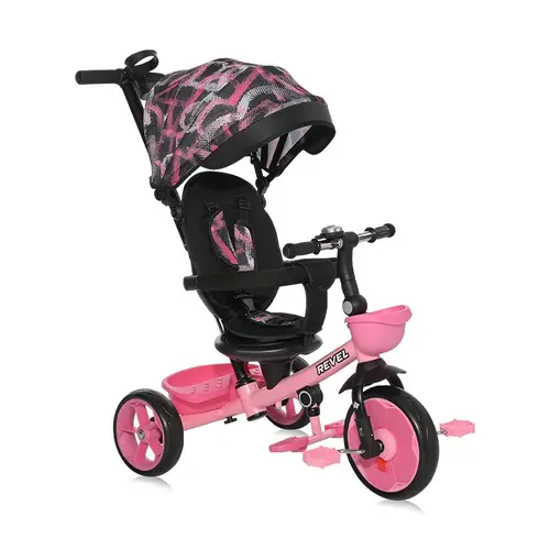 Tricicleta pentru copii Lorelli Revel, sezut rotativ, maner control parental, centura siguranta, roti spuma EVA, copertina pliabila si detasabila, 1-5 Ani, Metal, Roz