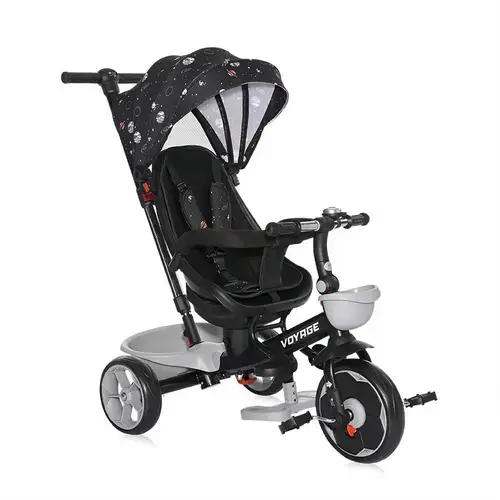 Tricicleta pentru copii Lorelli Voyage, Otel, cu sezut reversibil, centura siguranta, maner control parental, roti spuma EVA, 1-5 Ani, Negru