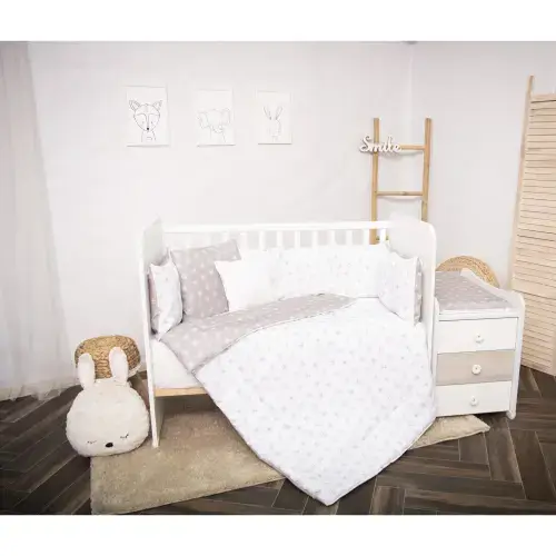 Set lenjerie pat 8 piese Lorelli  Trend Abstract Leaves Grey Beige, bumbac ranforce