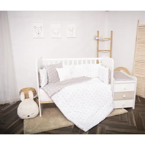 Set lenjerie pat 8 piese Lorelli  Trend Abstract Leaves Grey Beige, bumbac ranforce