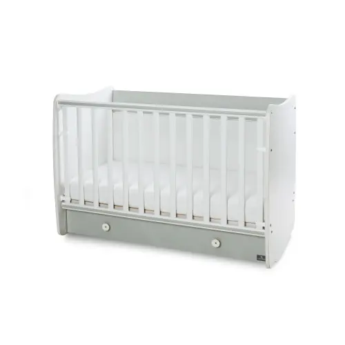 Patut balansoar pentru copii Lorelli Dream White Milky Green, din lemn, transformabil, sistem leganare cu blocare, grilaj detasabil si culisant in 2 pozitii, saltea pe 2 niveluri de inaltime, sertar, 0-3 ani, 0-15 Kg, 120x60 cm