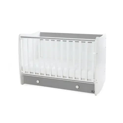 Patut balansoar pentru copii Lorelli Dream White Stone Grey, din lemn, transformabil, sistem leganare cu blocare, grilaj detasabil si culisant in 2 pozitii, saltea pe 2 niveluri de inaltime, sertar, 0-3 ani, 0-15 Kg, 120x60 cm