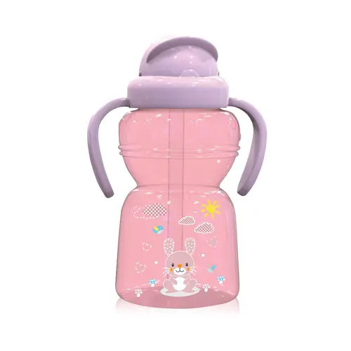 Biberon sport Animals, Lorelli, cu manere si pai moale, 6 luni+, 325 ml, Blush Pink