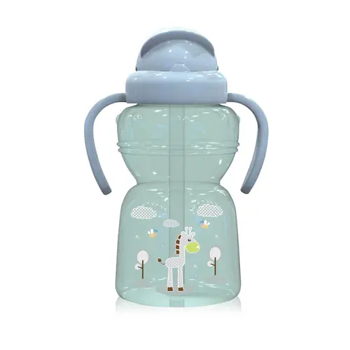 Biberon Animals Lorelli, cu manere si pai moale, 6 luni+, 325 ml, Mint Green