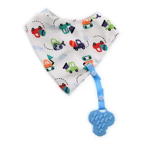 Baveta tip bandana Lorelli, cu snur si jucarie dentitie, bumbac, Boy, Albastru