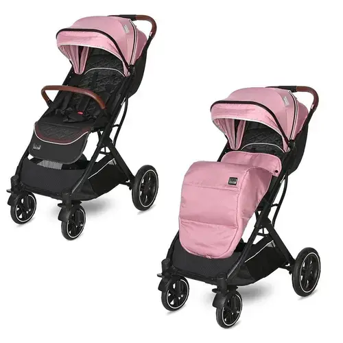 Carucior pentru nou-nascut Lorelli Storm, pliabil, pana la 22 kg, cadru aluminiu, spatar reglabil, roti fata pivotante cu suspensii, centura cu prindere in 5 puncte, spatiu depozitare, Rose Quartz
