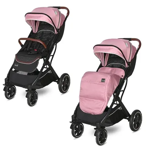 Carucior pentru nou-nascut Lorelli Storm, pliabil, pana la 22 kg, cadru aluminiu, spatar reglabil, roti fata pivotante cu suspensii, centura cu prindere in 5 puncte, spatiu depozitare, Rose Quartz