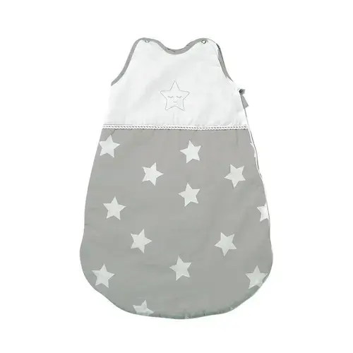 Sac de dormit de vara Lorelli Stars Grey, 0-6 luni, cu broderie, bumbac 100%, inchidere cu capse pe umar si fermoar lateral