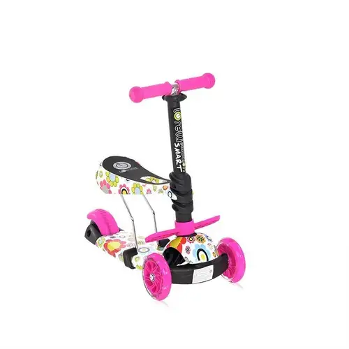 Trotineta pentru copii Lorelli Smart Pink Flowers, 3 ani+, sa detasabila, ghidon si sa reglabila pe inaltime in 3 pozitii, 2 roti luminoase pe fata