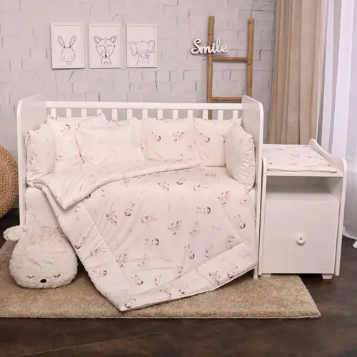 Set lenjerie pat 8 piese Lorelli Beige Bunnies, 70x140 cm, bumbac ranforce