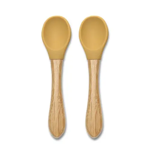 Set 2 lingurite din silicon si bambus Lorelli, forma ergonomica, 6 luni+, Galben