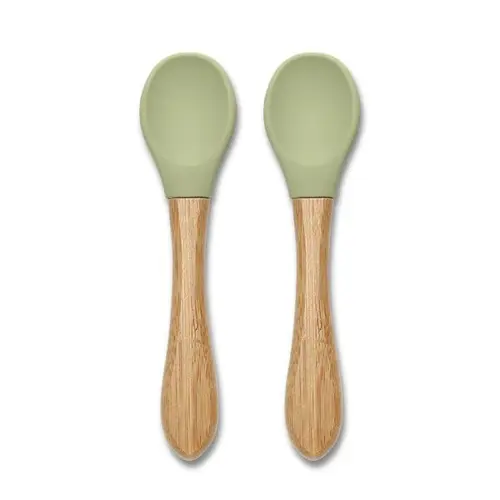 Set 2 lingurite din silicon si bambus Lorelli, forma ergonomica, 6 luni+, Verde