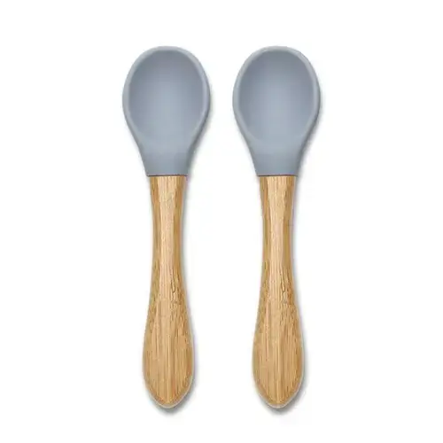Set 2 lingurite din silicon si bambus Lorelli, forma ergonomica, 6 luni+, Gri