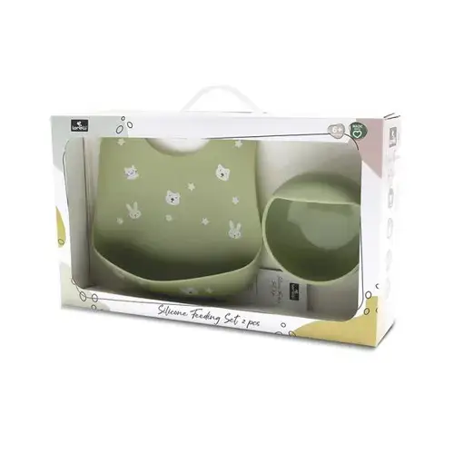 Set de hranire din silicon natural Lorelli, contine bol cu vacuum si baveta, 6 luni+, Verde