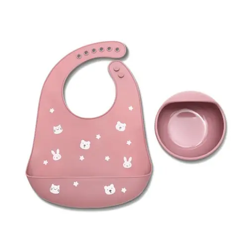 Set de hranire din silicon natural Lorelli, contine bol cu vacuum si baveta, 6 luni+, Roz