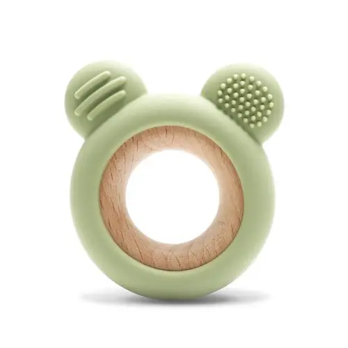 Jucarie de dentitie Lorelli Bear Fresh Green, din silicon si lemn de fag, 0 luni+, Verde