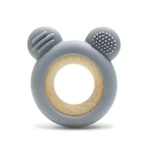 Jucarie de dentitie Lorelli Bear, din silicon si lemn de fag, 0 luni+, Gri