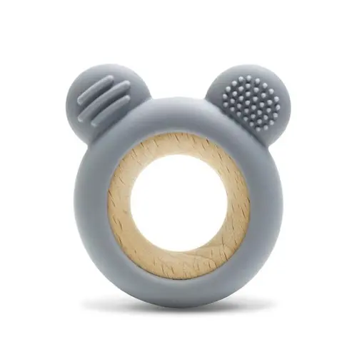 Jucarie de dentitie Lorelli Bear, din silicon si lemn de fag, 0 luni+, Gri