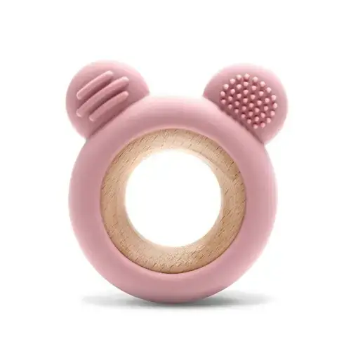 Jucarie de dentitie Lorelli Bear, din silicon si lemn de fag, 0 luni+, Roz