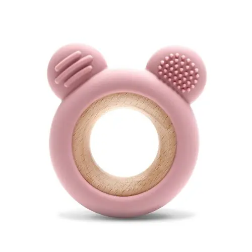 Jucarie de dentitie Lorelli Bear, din silicon si lemn de fag, 0 luni+, Roz