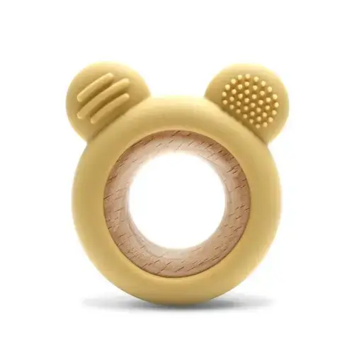 Jucarie de dentitie Lorelli Bear, din silicon si lemn de fag, 0 luni+, Galben
