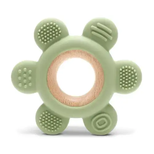 Jucarie de dentitie Lorelli Flower, din silicon si lemn de fag, 0 luni+,  Verde