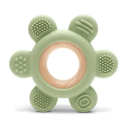 Jucarie de dentitie Lorelli Flower, din silicon si lemn de fag, 0 luni+,  Verde