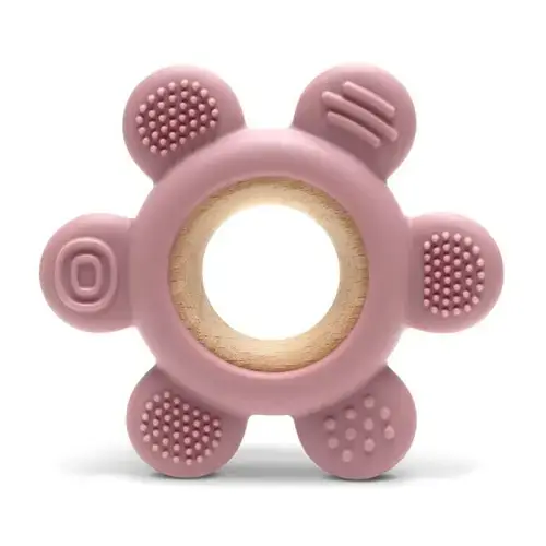 Jucarie de dentitie Lorelli Flower, din silicon si lemn de fag, 0 luni+,  Roz