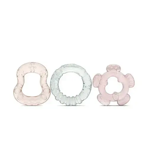Set 3 jucarii de dentitie bebelusi Lorelli Iceberg Green & Mellow Rose, refrigerante, forme diferite, 3 luni+