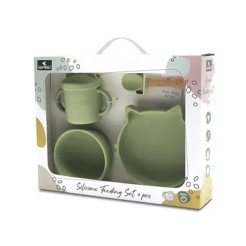 Set de hranire din silicon natural Lorelli, 4 piese, 6 luni+, Verde