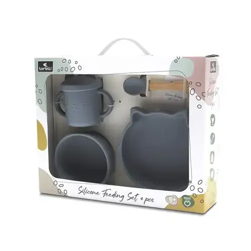 Set de hranire din silicon natural Lorelli, 4 piese, 6 luni+, Gri